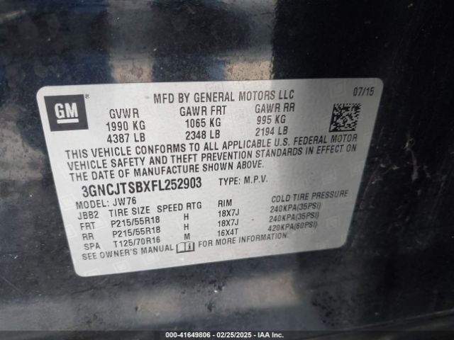 3GNCJTSBXFL252903 Chevrolet TRAX LTZ