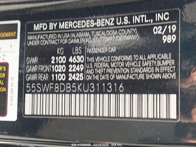 55SWF8DB5KU311316 Mercedes-Benz C 300