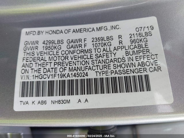 Honda ACCORD LX 2019 1HGCV1F19KA145024 Image 9
