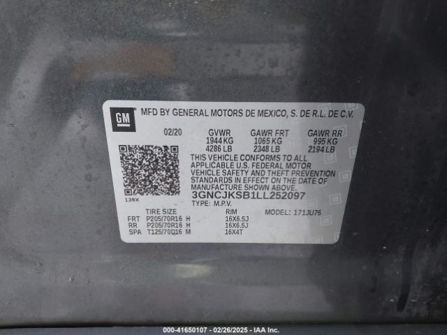 3GNCJKSB1LL252097 Chevrolet Trax Fwd Ls
