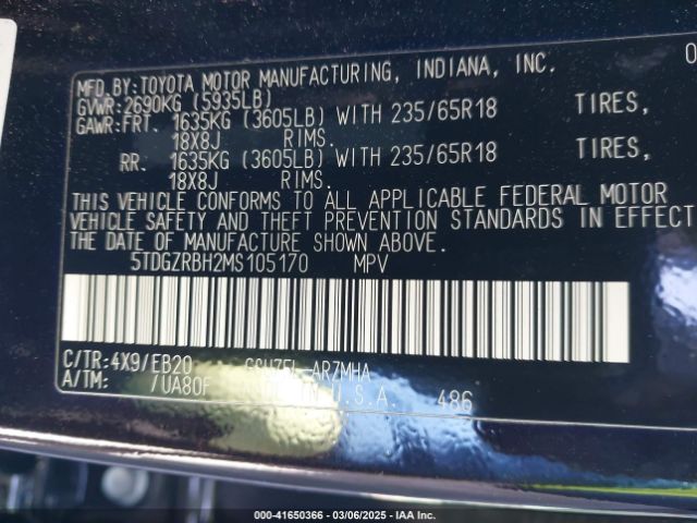 5TDGZRBH2MS105170 Toyota Highlander Xle