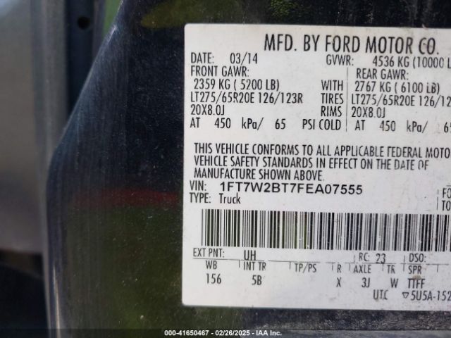 1FT7W2BT7FEA07555 Ford F-250 Lariat