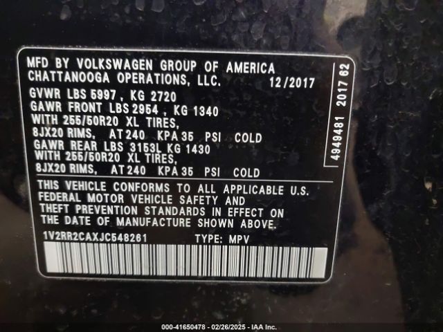 1V2RR2CAXJC548261 Volkswagen Atlas 3.6l V6 Sel