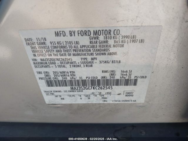 MAJ3S2GE7KC262545 Ford Ecosport Se