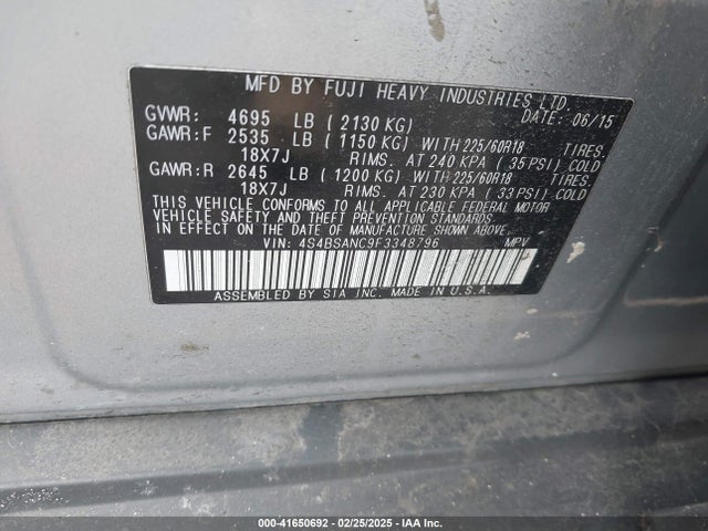 Subaru Outback 2.5i Limited 2015 4S4BSANC9F3348796 Image 9