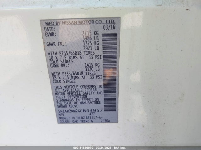 5N1AR2MM2GC643957 Nissan Pathfinder S