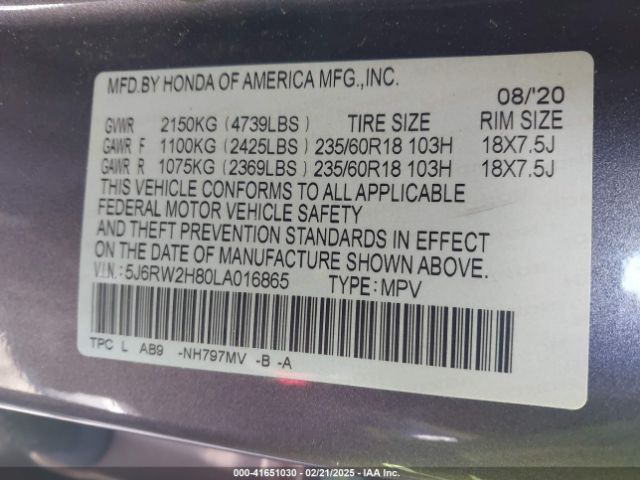 5J6RW2H80LA016865 Honda Cr-v Awd Ex-l