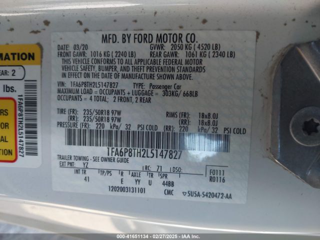 1FA6P8TH2L5147827 Ford Mustang Ecoboost Premium Fastback