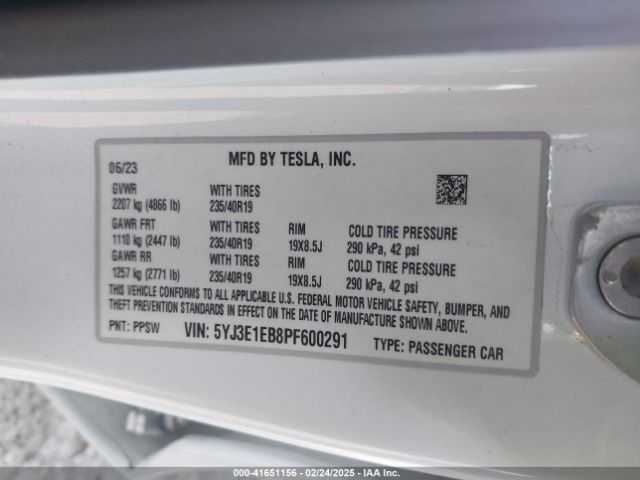 5YJ3E1EB8PF600291 Tesla Model 3 Long Range Dual Motor All-wheel Drive