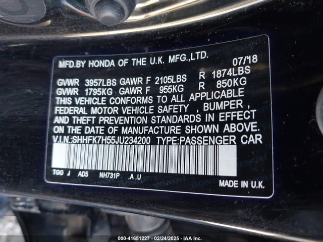SHHFK7H55JU234200 Honda CIVIC EX