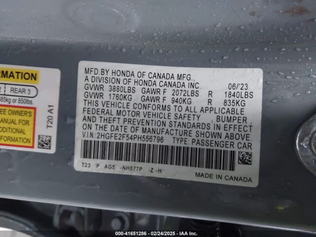 2HGFE2F54PH556796 Honda Civic Sport