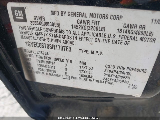 2003 CADILLAC ESCALADE 1GYEC63T03R170763 Photo 8