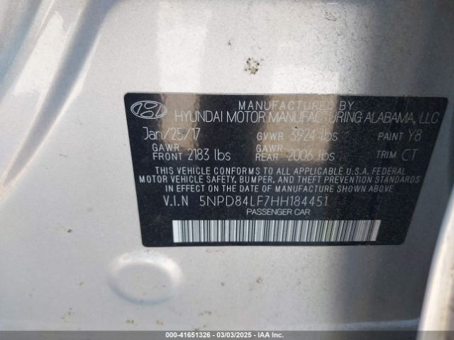 5NPD84LF7HH184451 Hyundai Elantra Limited
