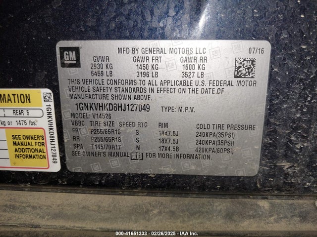 1GNKVHKD8HJ127049 Chevrolet Traverse 2lt