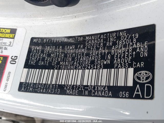 2T1BURHE5KC245483 Toyota COROLLA LE