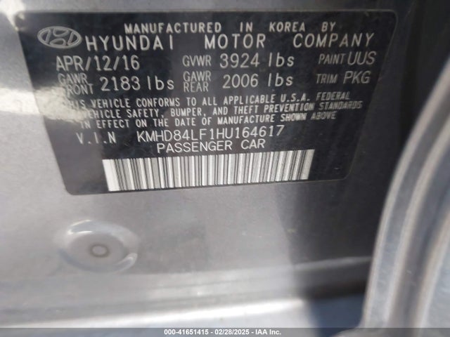 KMHD84LF1HU164617 Hyundai ELANTRA SE