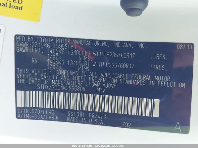 5TDYZ3DC1KS966808 Toyota Sienna Xle 8 Passenger