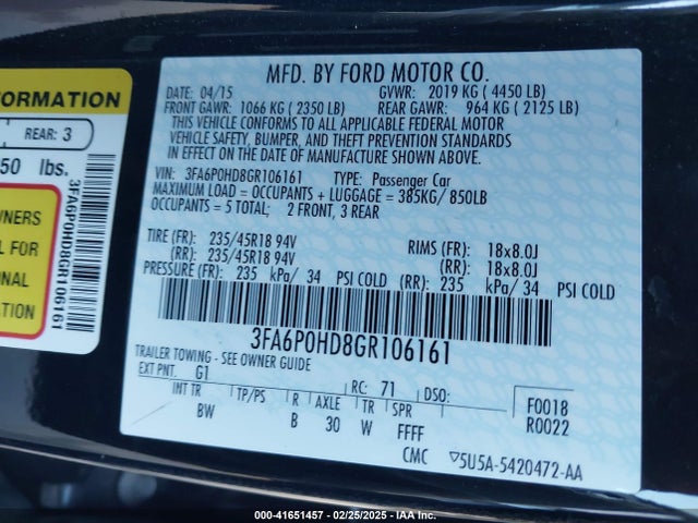 Ford FUSION SE 2016 3FA6P0HD8GR106161 Image 9