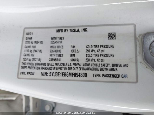 5YJ3E1EB6MF094309 Tesla Model 3 Long Range Dual Motor All-wheel Drive