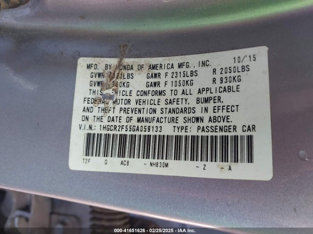 1HGCR2F55GA059133 Honda k24w1