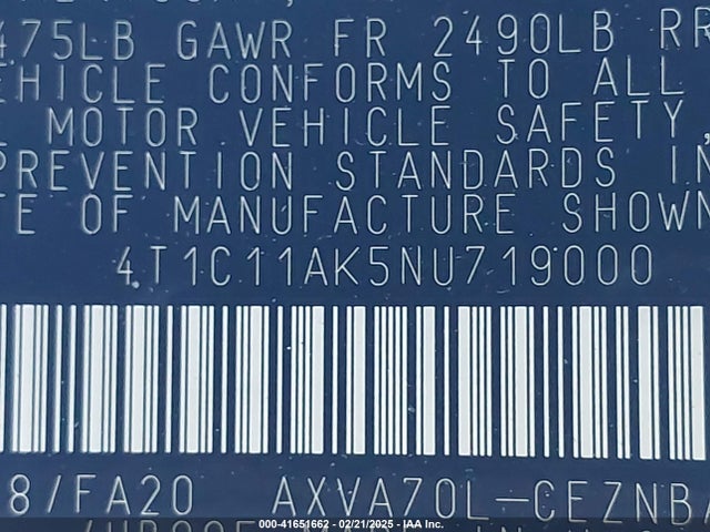 4T1C11AK5NU719000 Toyota CAMRY LE