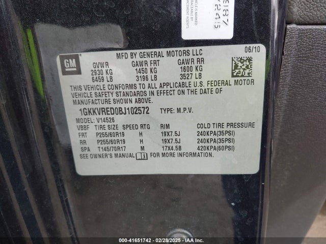 41651742 :رقم المزاد ، 1GKKVRED0BJ102572 vin ، 2011 Gmc Acadia Slt-1 مزاد بيع