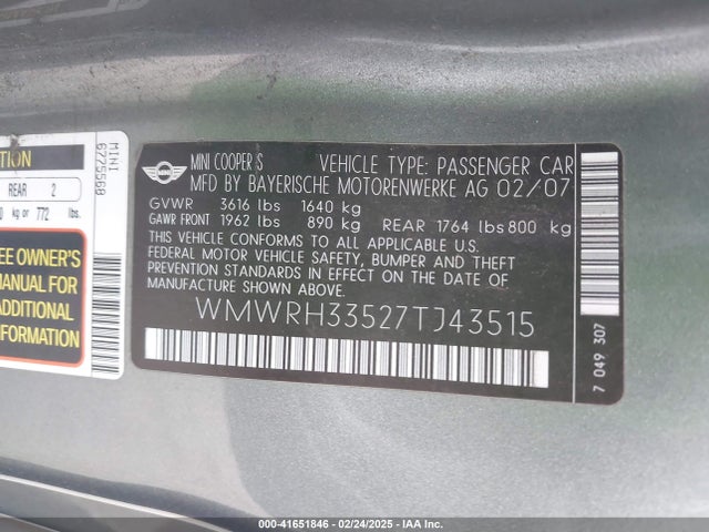 2007 MINI COOPER S WMWRH33527TJ43515 Photo 8