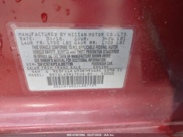 3N1CN7AP2JL887739 Nissan Versa 1.6 S+