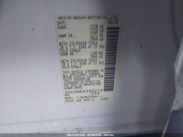 2018 Nissan Murano S მანქანა იყიდება აუქციონზე, vin: 5N1AZ2MG8JN165274, აუქციონის ნომერი: 41651948