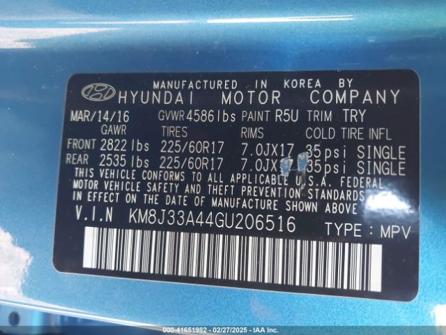 KM8J33A44GU206516 Hyundai TUCSON SE