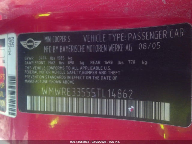 2005 MINI COOPER S WMWRE33555TL14862 Photo 8