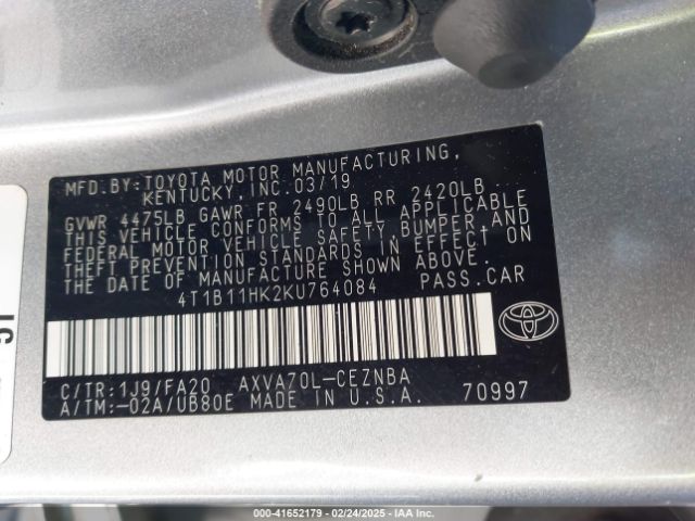 4T1B11HK2KU764084 Toyota CAMRY LE