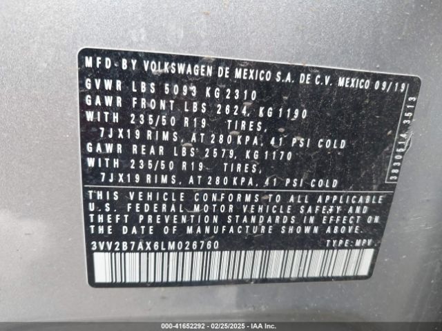 3VV2B7AX6LM026760 Volkswagen Tiguan 2.0t Se/2.0t Se R-line Black/2.0t Sel