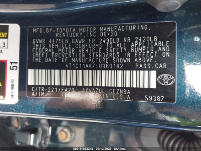 2020 TOYOTA CAMRY 4T1C11AK7LU960182 Photo 8