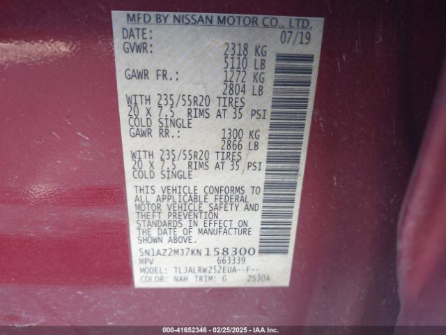 5N1AZ2MJ7KN158300 Nissan MURANO SL