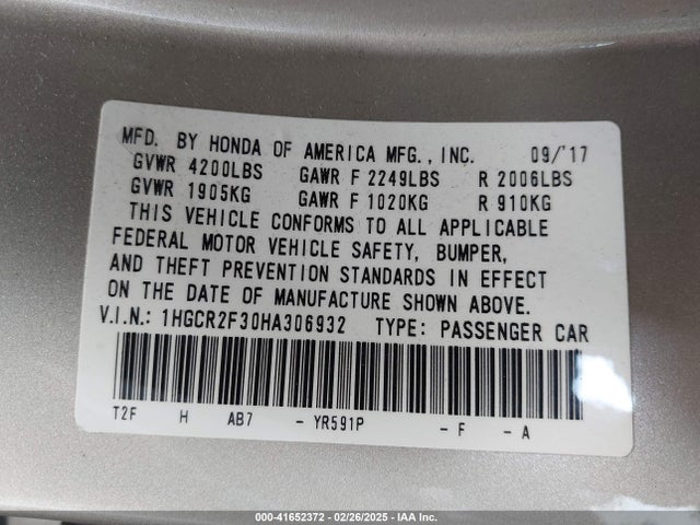 1HGCR2F30HA306932 Honda ACCORD LX