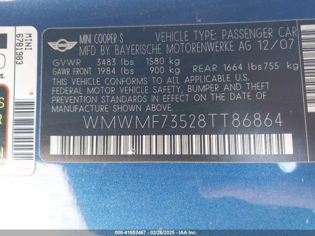 2008 MINI COOPER S WMWMF73528TT86864 Photo 8