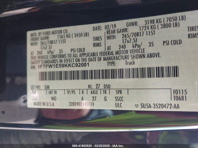 Ford F-150 Xl 2019 1FTFW1E59KKC92001 Image 9