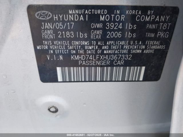 KMHD74LFXHU367332 Hyundai ELANTRA SE