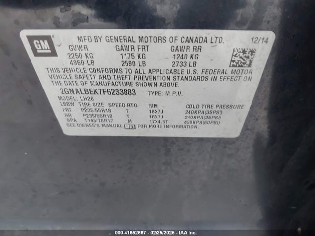Chevrolet EQUINOX 1LT 2015 2GNALBEK7F6233883 Image 9
