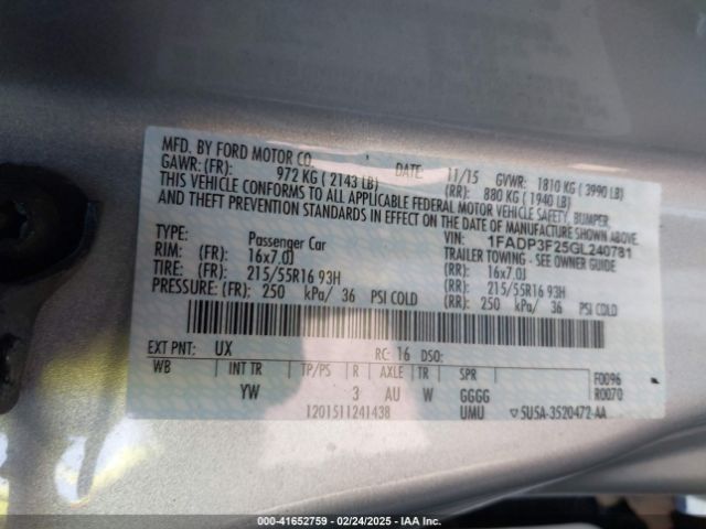 1FADP3F25GL240781 Ford FOCUS SE