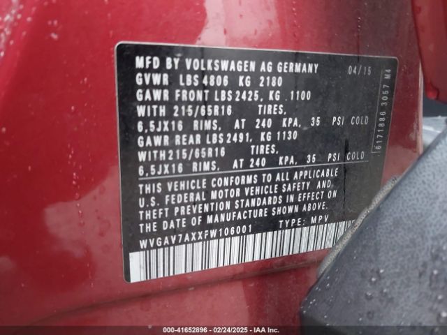 WVGAV7AXXFW106001 Volkswagen TIGUAN S