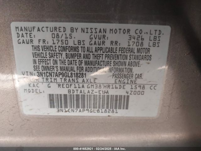 3N1CN7AP9GL818281 Nissan Versa 1.6 S+