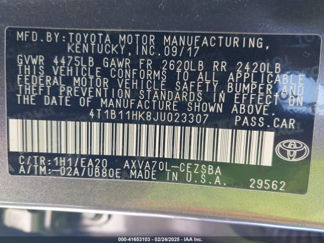 4T1B11HK8JU023307 Toyota CAMRY SE