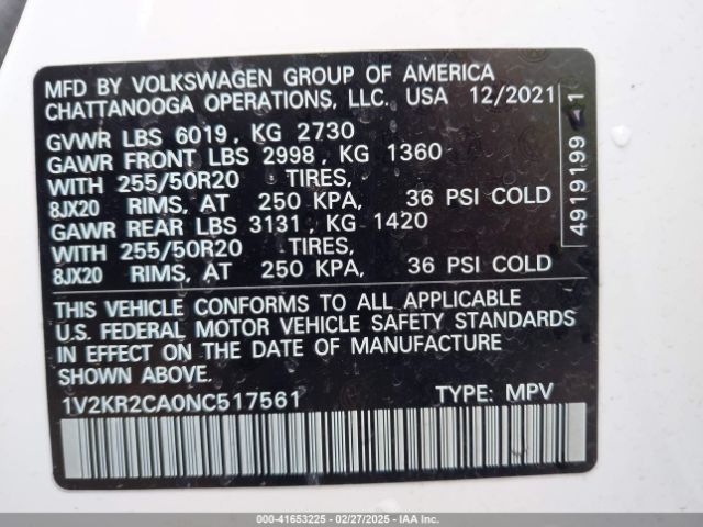 1V2KR2CA0NC517561 Volkswagen Atlas 3.6l V6 Se W/technology