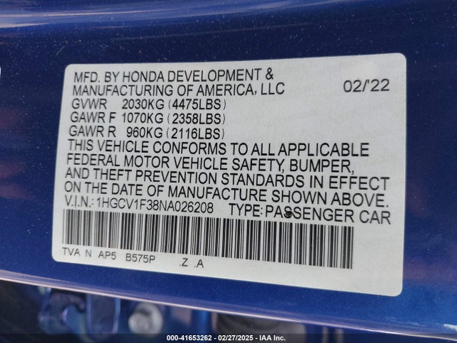 1HGCV1F38NA026208 Honda Accord Sport
