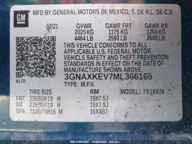 3GNAXKEV7ML366165 Chevrolet Equinox Fwd Lt