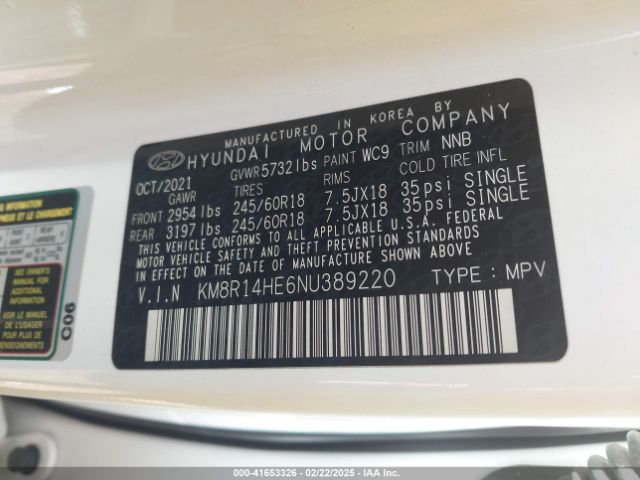 KM8R14HE6NU389220 Hyundai Palisade Se