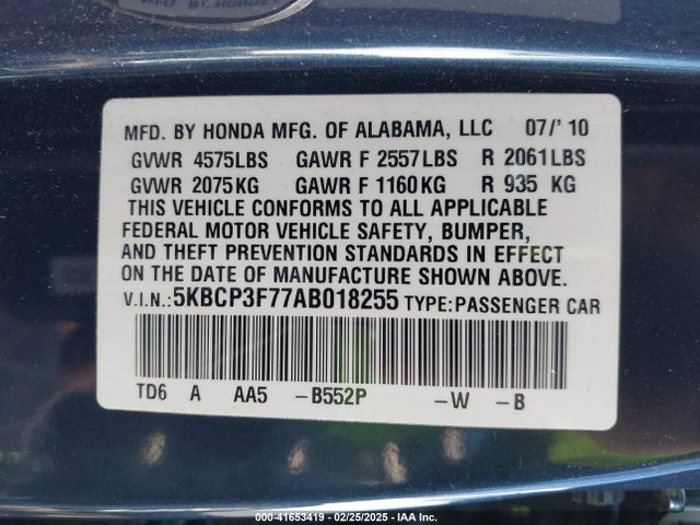 Auction sale of the 2010 Honda Accord 3.5 Ex, vin: 5KBCP3F77AB018255, lot number: 41653419
