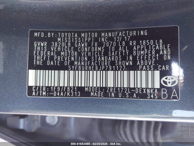 Toyota COROLLA LE 2018 5YFBURHE8JP791127 Image 9